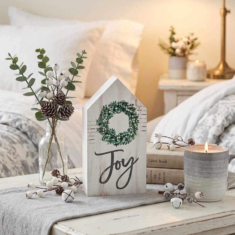 Joy and Wreath Wood House Wood Christmas Decoration Table Decor Holiday Gift